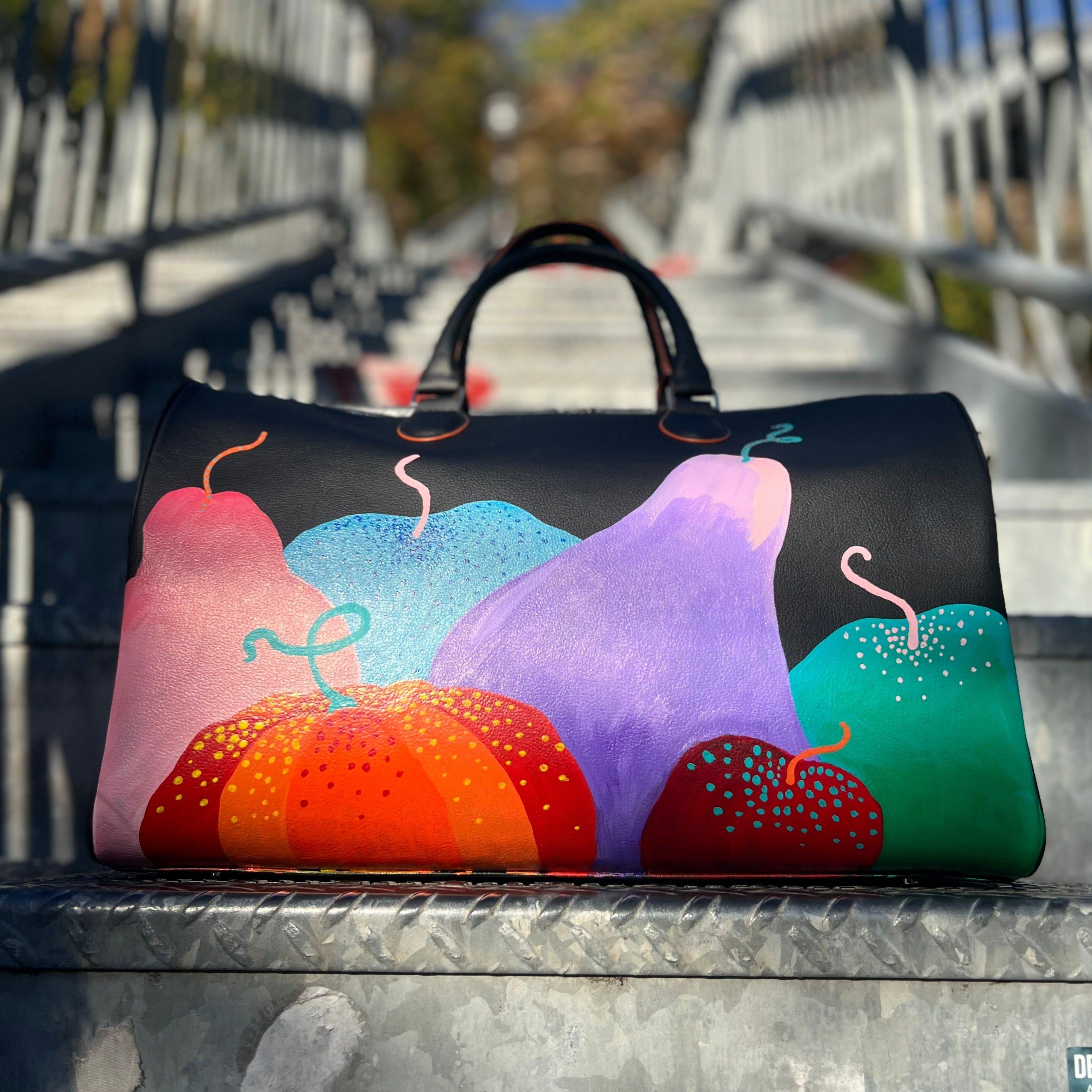 VEGAN APPLE ELATHER WEEKENDER BAG ECOFIRENDLY PLANT BASED HANDPAINTED